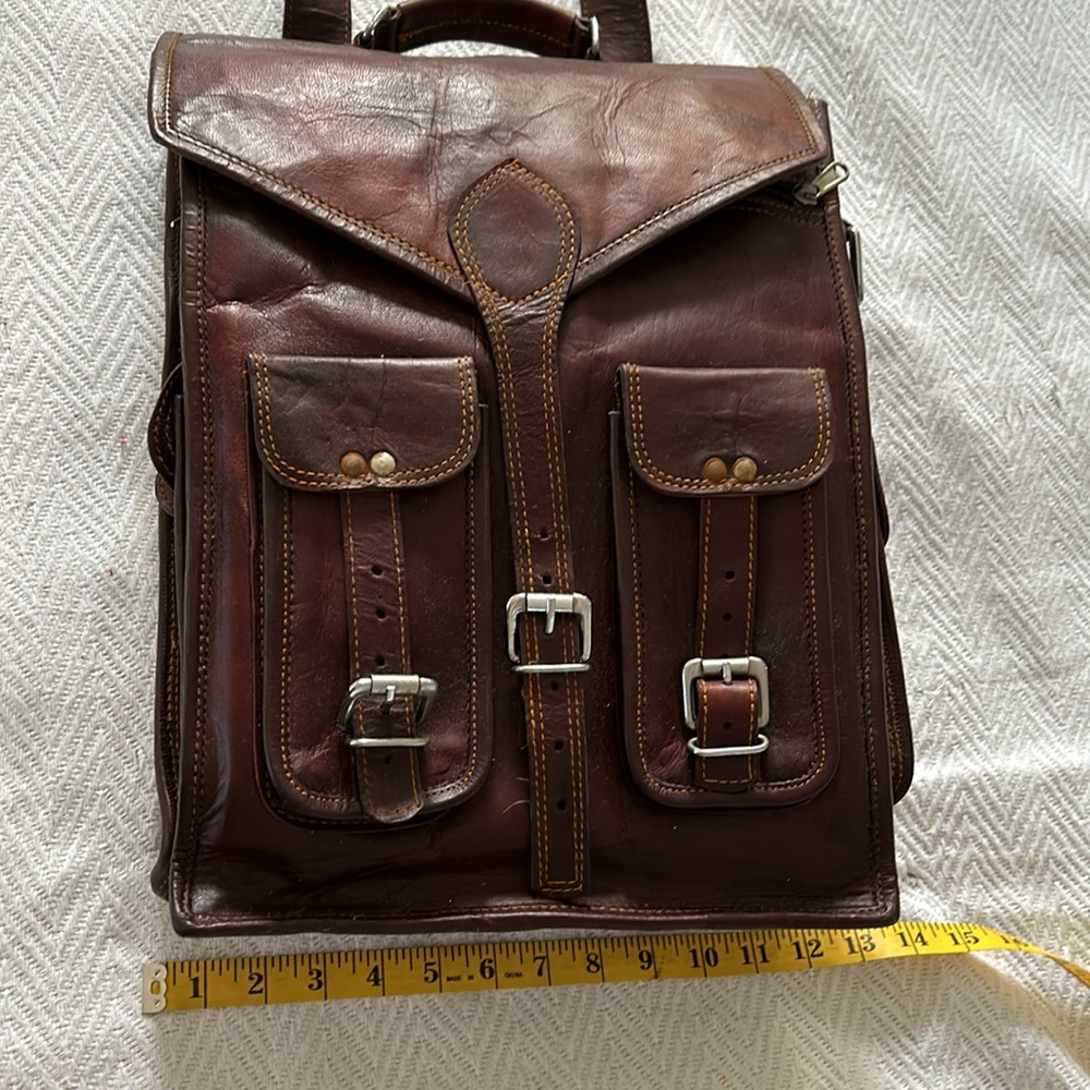 Unisex Brown Handmade Leather Backpack Satchel Convertable School Bag Purse - Picture 6 of 8